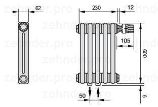 Схема (чертеж) Радиатор Zehnder Charleston 2060/5 №V008 Белый глянцевый RAL 9016